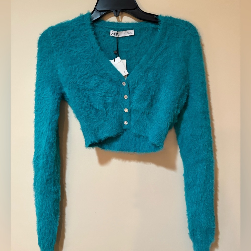 ZARA Cropped Cardigan Fuzzy Teal